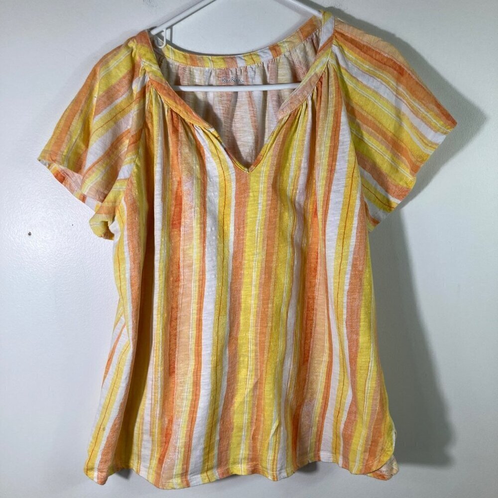 Womens Kim Rogers Cap Sleeve V Neck‎ Cotton Top Yellow Orange White Stripe L